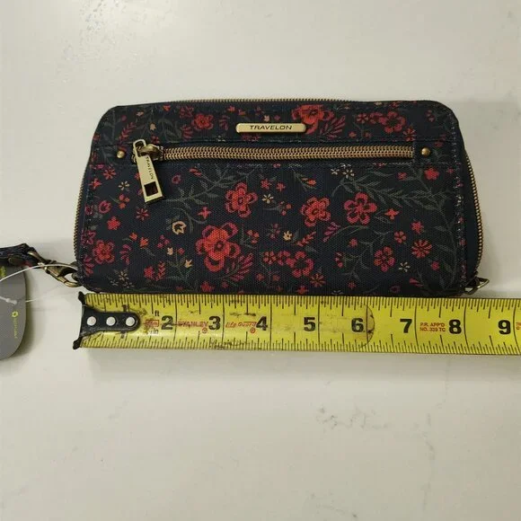 Travelon Safe ID‎ Navy Floral Wristlet Wallet RFID Blocking Wraparound Zip NWT - Picture 3 of 8